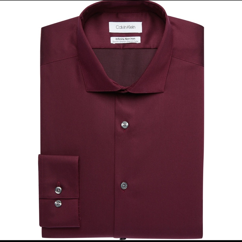 CK Calvin Klein - Non-Iron Slim Fit Dress Shirt - Mens 17 / 32-33 - Maroon